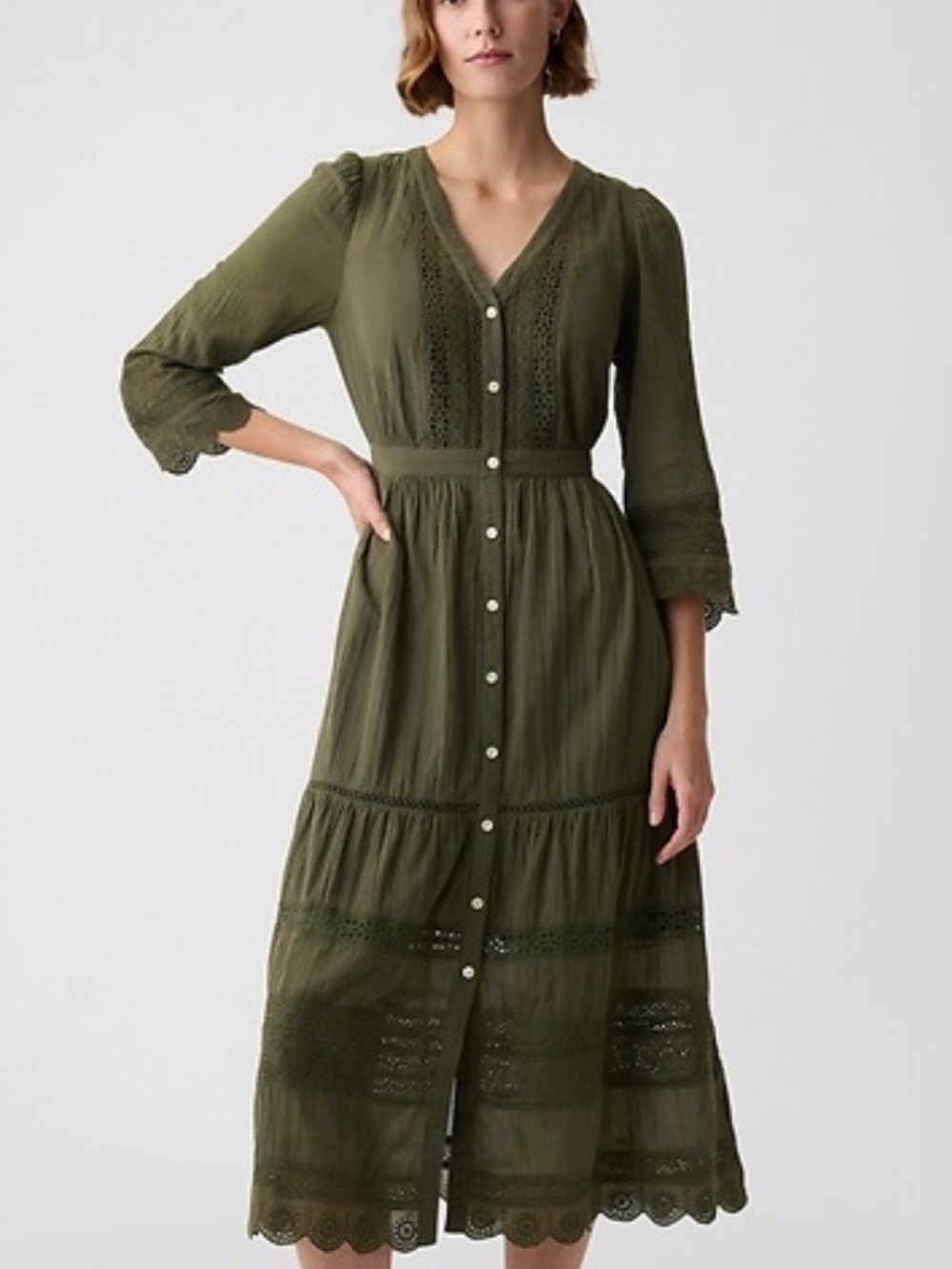 GAP Olive Lace-Trim Button-Front Maxi Dress - Picture 4 of 4